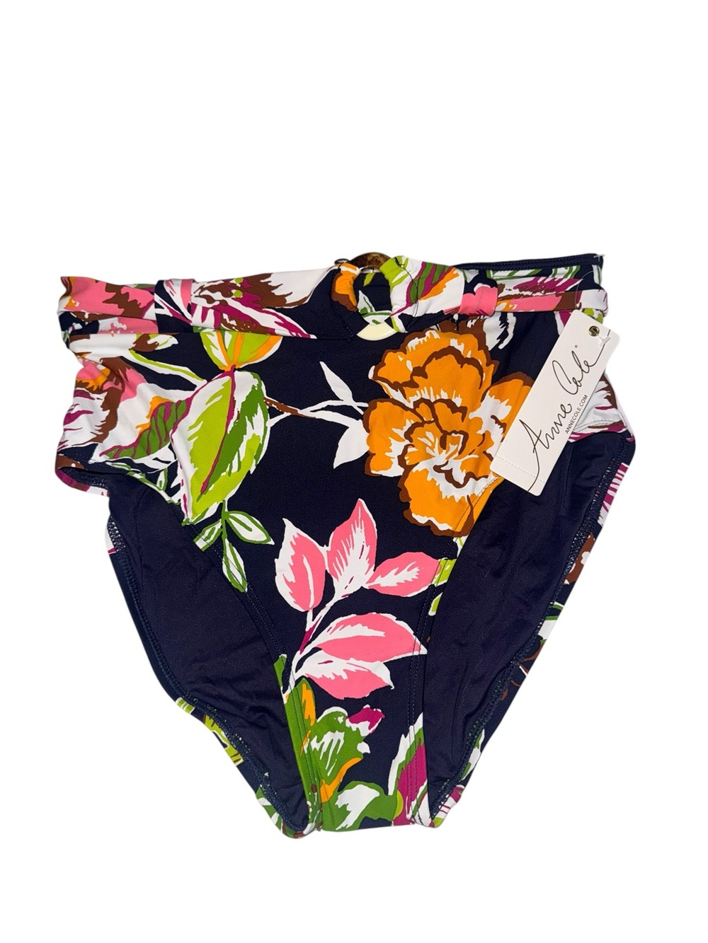 Anne Cole Navy High-Waist Bikini Bottom with Pink & Orange Floral Print
